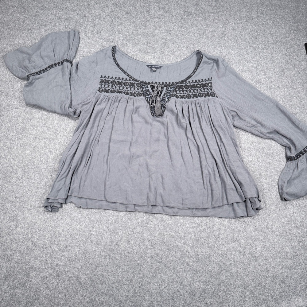 American Eagle Gray Embroidered Peasant Blouse Bell Sleeve Tassel Top XL - Picture 6 of 13